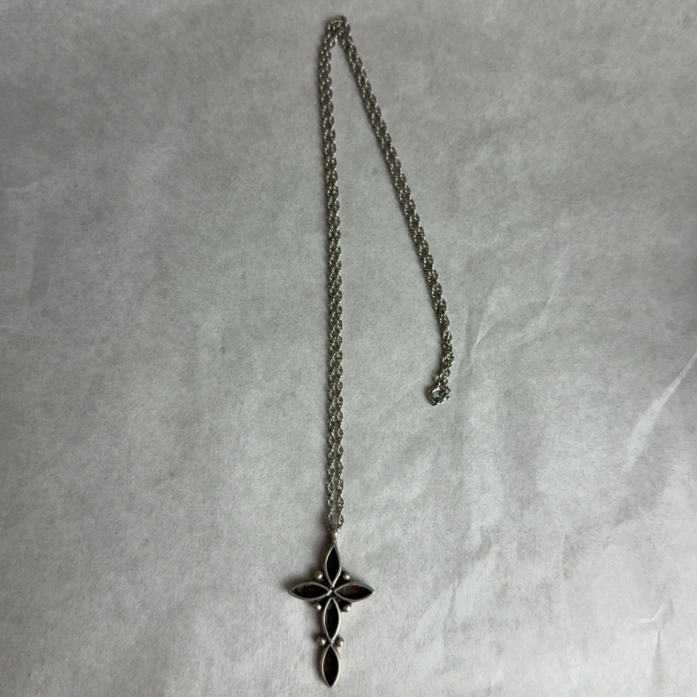 Sterling Silver 925 Red Stone Cross Pendant Necklace Rope Chain 24in Christian
